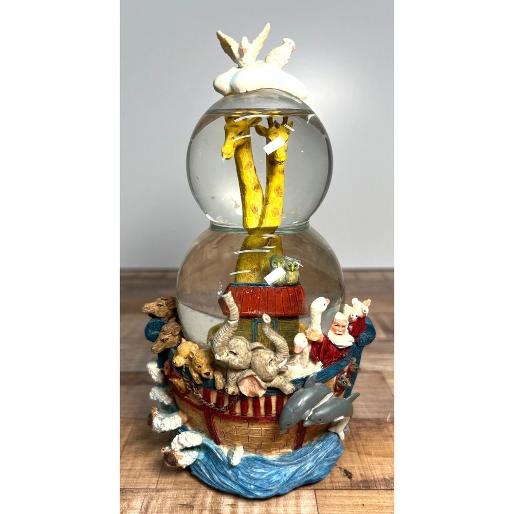 Double Snowglobe Noahs Ark With Giraffes & Animals On Base Music Box